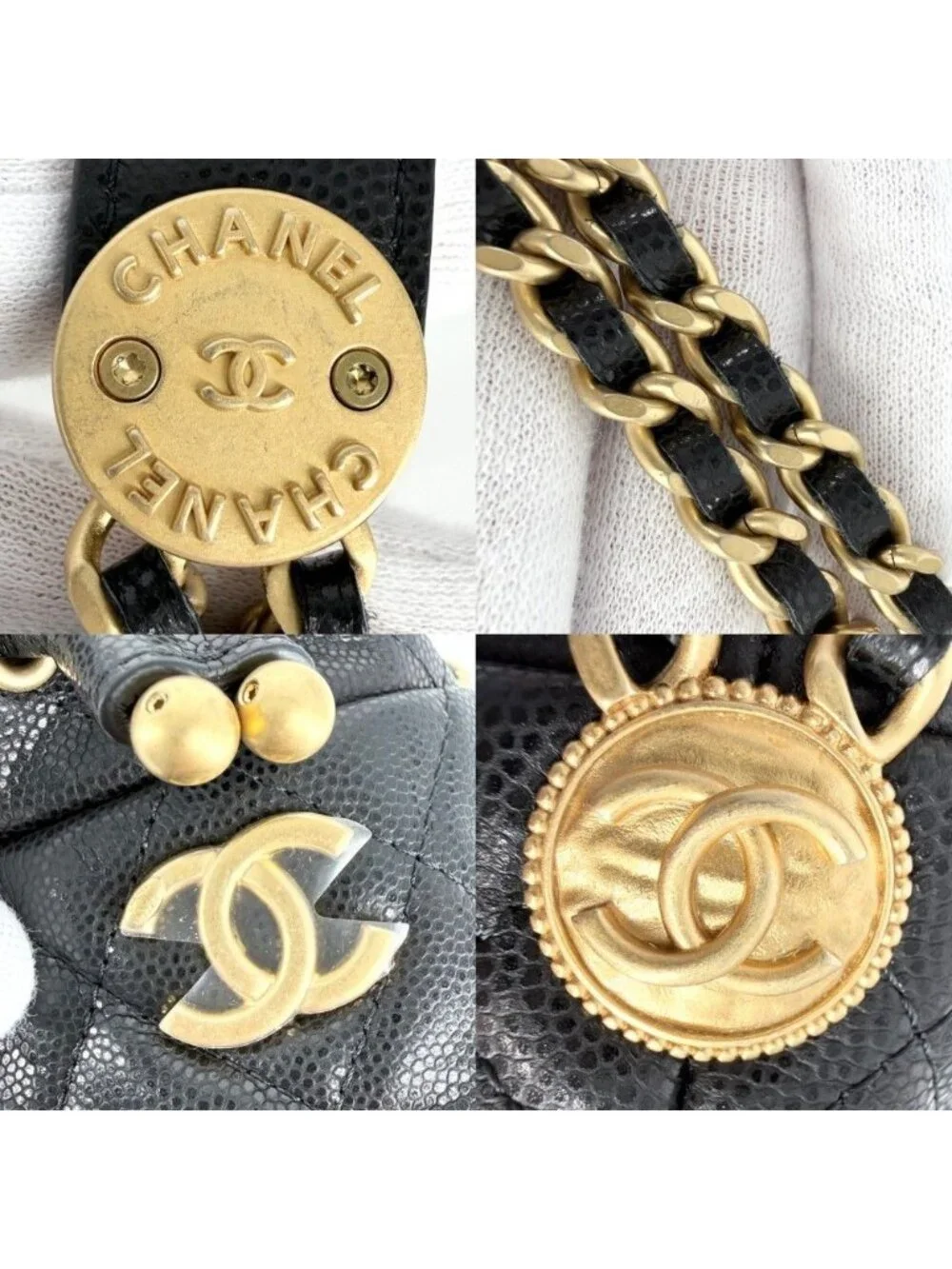 Chanel Shoulder Bag Quilted CC Logo Drawstring Crossbody Caviar Leather Black